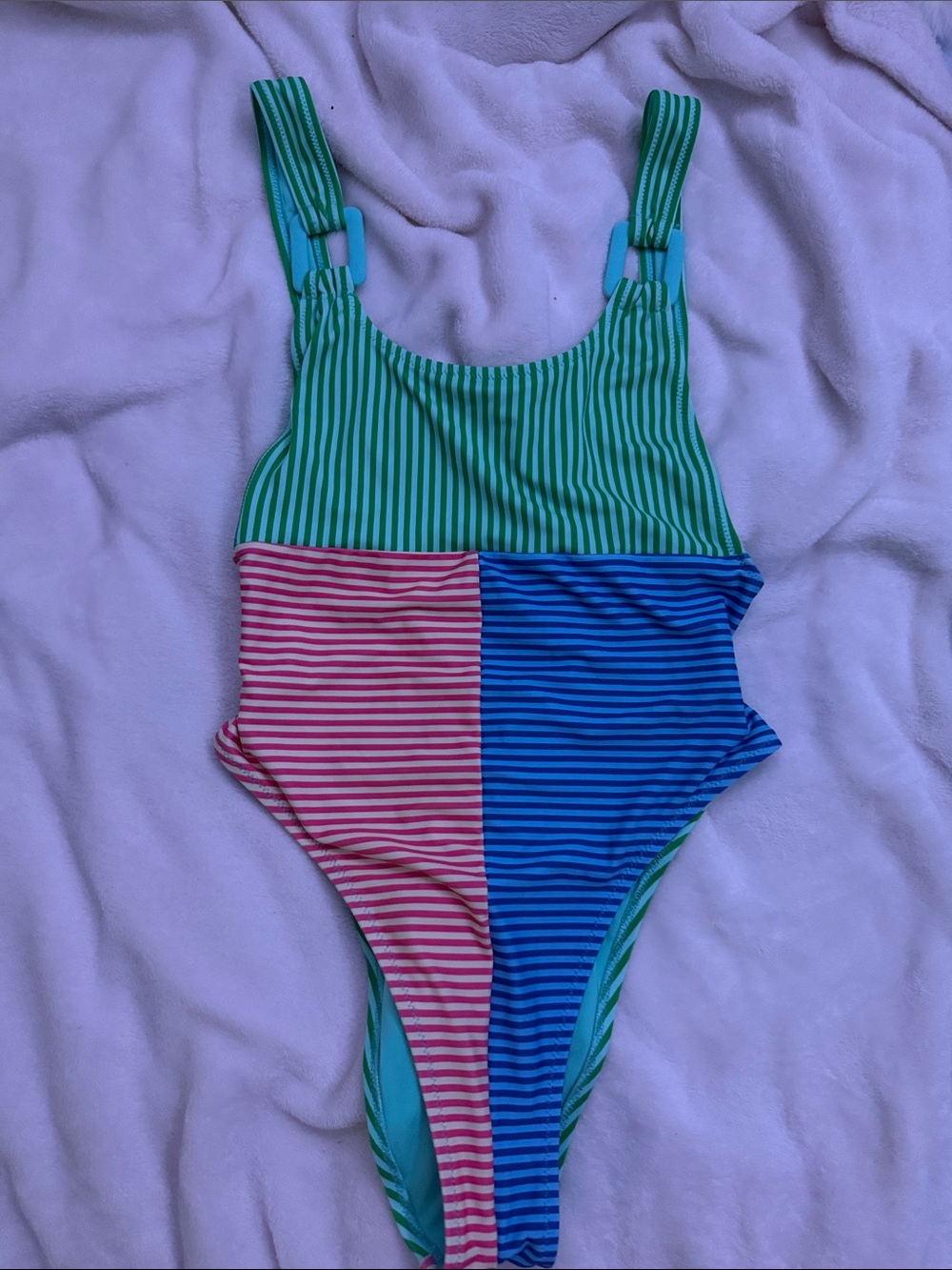 Woman’s Colorblock Striped One-Piece Swimsuit - Green, Pink & Blue